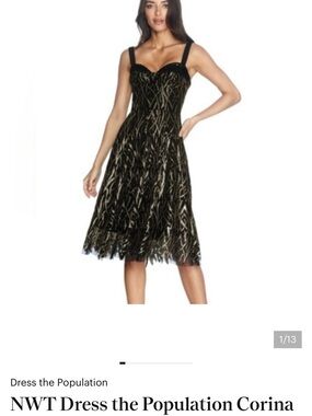 Dress the Population Black and Gold Lace-Overlay Midi Dress